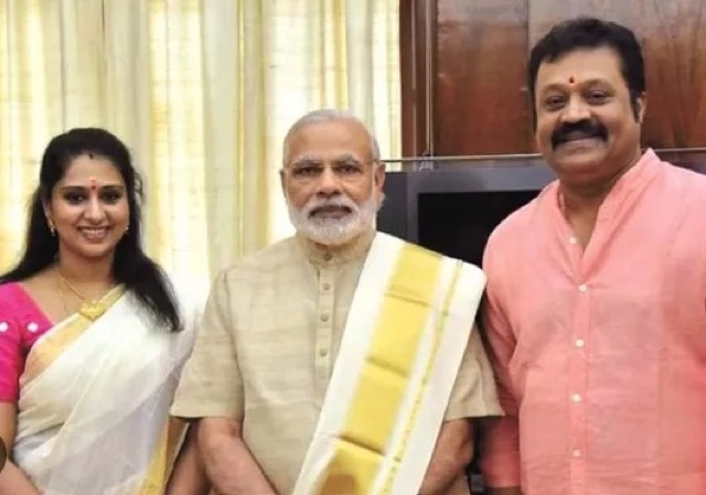 Suresh Gopi with his wife Radhika Nair at a meeting with Prime Minister Narendra Modi