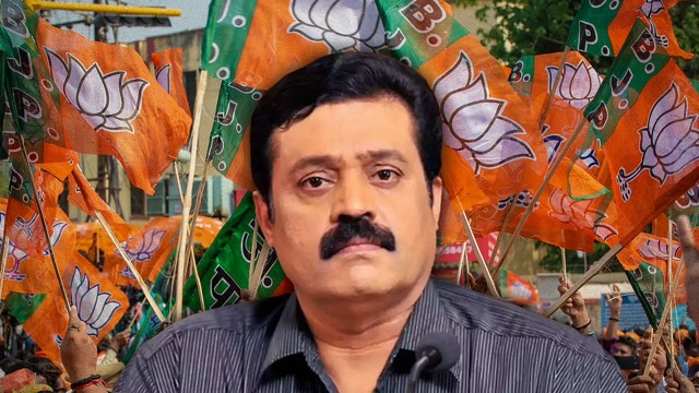 Photo illustration of Suresh Gopi against a background of party flags